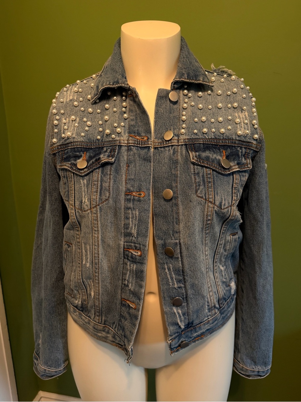 Revamped Blue Jean Jacket with Pearl Shoulder Embellishments and distressed